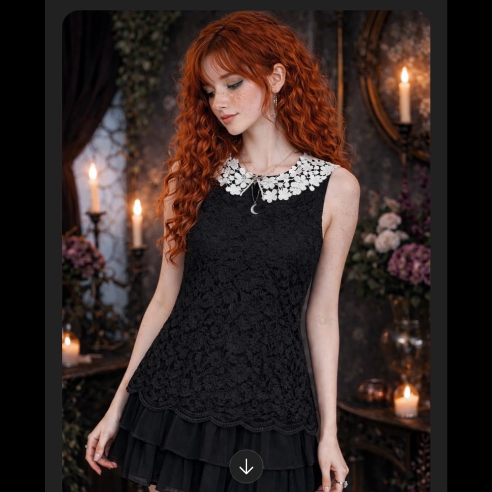 Anthropologie | E by Eloise Black Lace Top, Ivory Peter Pan Floral Collar (XS)